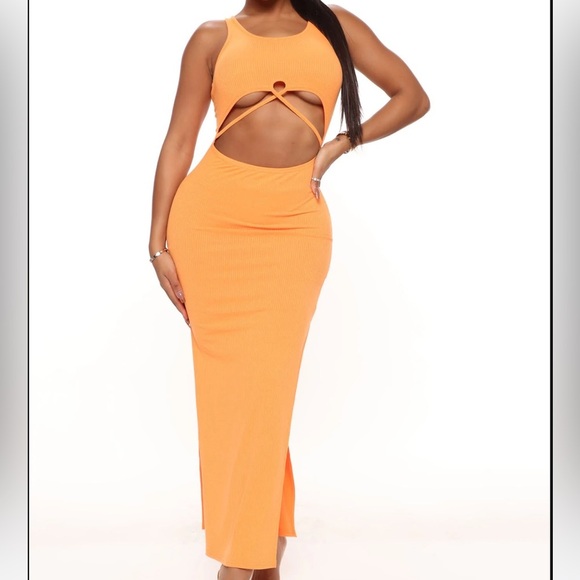 NWT Cut Out Ribbed High Slit Maxi Dress - Orange - Large - Picture 1 of 4